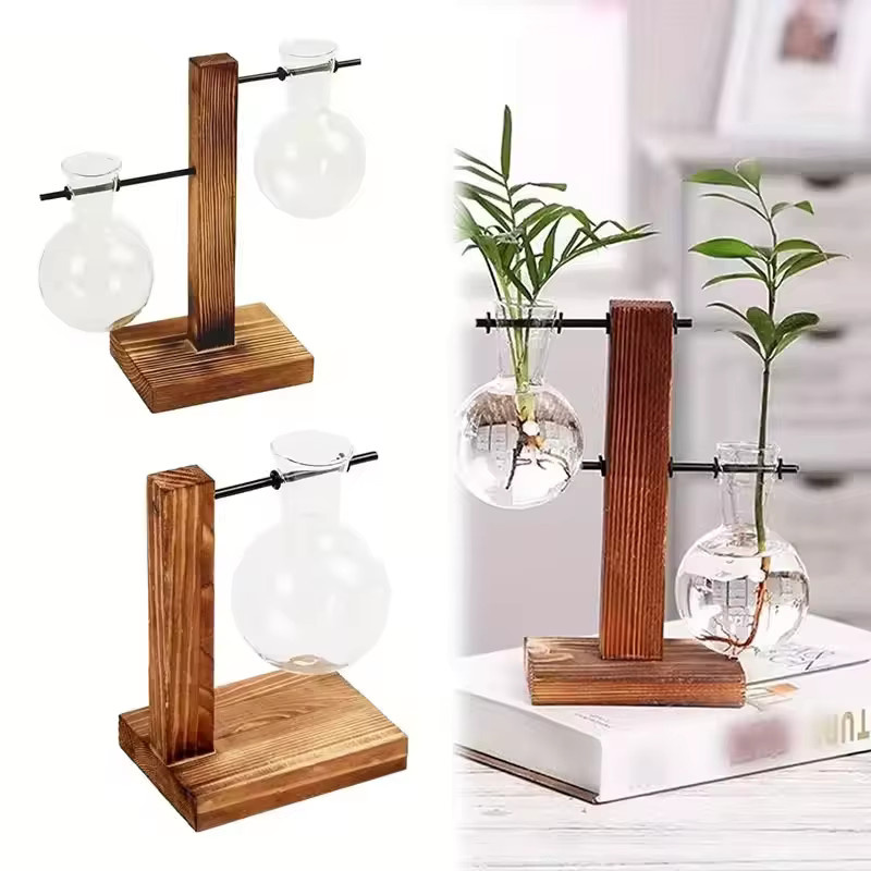 PGY Hydroponisches Glas-Tischpflanzgefäß in Glühbirnen-Form mit Holzständer, transparent - Bild 3