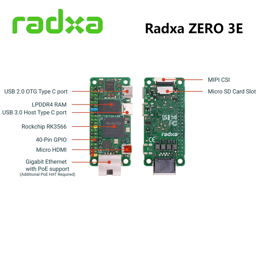 Radxa ZERO 3E Entwicklungsboard mit RK3566 4-Kern-CPU, GPU, NPU, HDMI 1080P und Gigabit-Ethernet in Grün - Bild 3