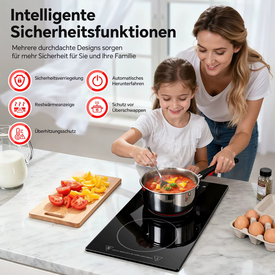 KICHPOWER 2-Zonen-Keramikkocher mit 3000 W, Kindersicherung, 9 Heizstufen und Timer, Schwarz - Bild 4