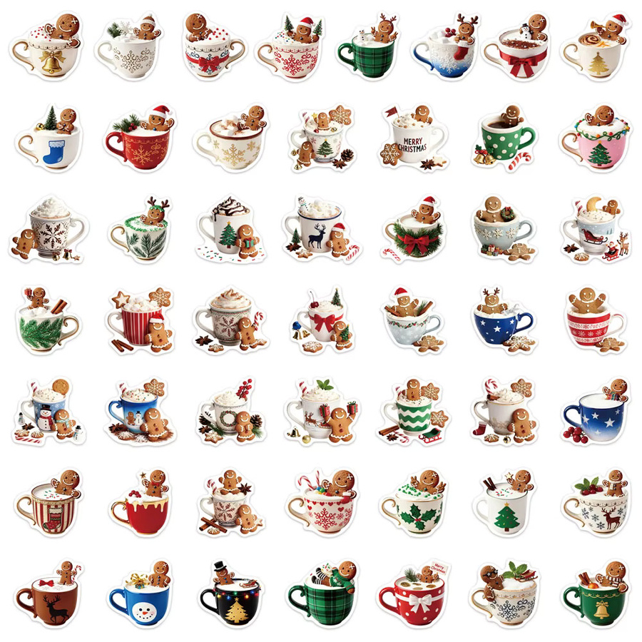 50 Stück Weihnachten Kaffee Cartoon Aufkleber Set, wasserfeste DIY Dekoration für Laptop, Telefon und Computer, Mehrfarbig - Bild 3