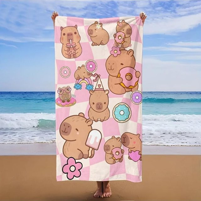 Strandtuch von JMG Household Supplies mit Cartoon-Capybara und Dessert-Print, Pink, B/B: 160 x 80 cm - Bild 1