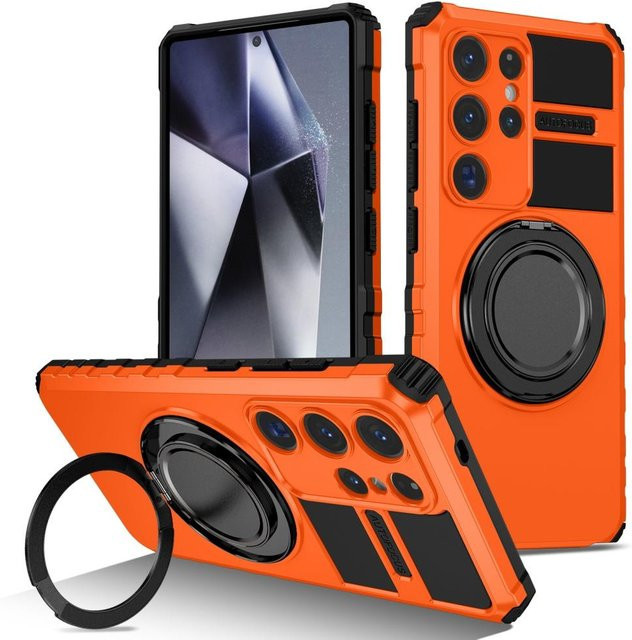 Samsung Handyhülle mit Schiebe-Kamera-Schutz und magnetischer Halterung in Orange für Galaxy S25 S24 S23 S22 S21 S20 Ultra Plus FE und A52 - Bild 1
