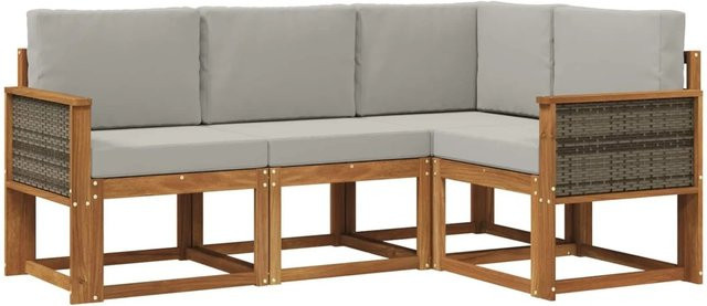 vidaXL Outdoor-Sofagarnitur L-Form aus Massivholz-Akazie und Polyester in Hellgrau mit Sitz- und Rückenkissen - Bild 1