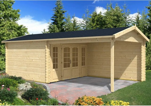 Alpholz Gartenhaus Freiburg-44 in Natur mit Satteldach und Doppeltür in Blockbohlenbauweise, B: 755 cm, T: 399 cm - Bild 1