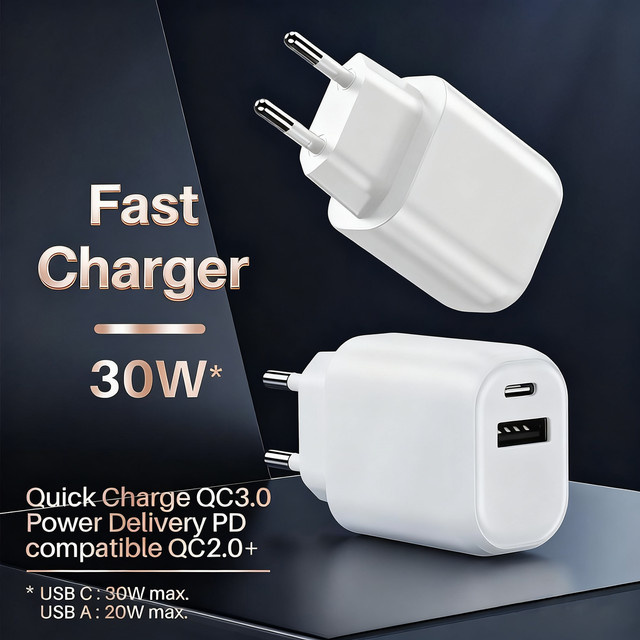 HUASUNWAY 30 W Dual-USB-Ladegerät in Weiß mit USB-C und USB-A PD & QC 3.0 Schnelllade-Wandadapter für iPhone, iPad, Samsung Smartphones und Tablets - Bild 1