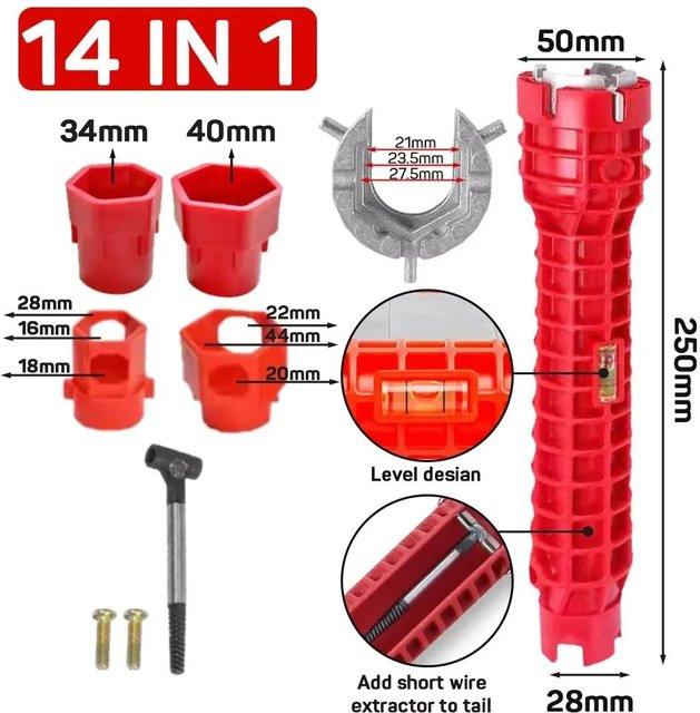 Oudun 14-in-1 Wasserhahn-Spülbeckenschlüssel und Installationsset für Sanitärreparaturen in Rot - Bild 1