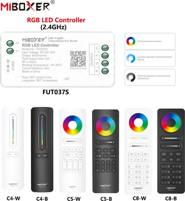 MiBoxer FUT037S+ LED-Controller für COB und LED-Streifen, 2,4GHz RF Wireless RGB, 6A/Ch, 16 Millionen Farben, DC12~24V - Bild 1