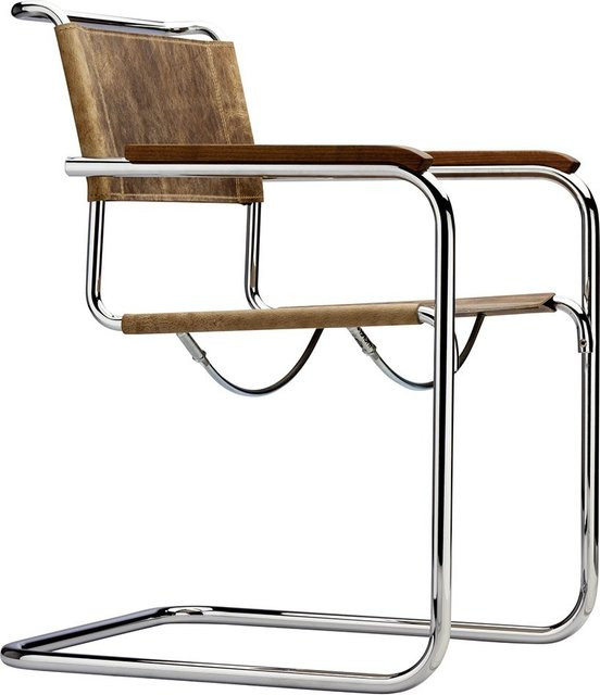 Thonet S 34 Freischwinger Pure Materials mit Armlehnen aus braunem Büffelleder - Bild 1
