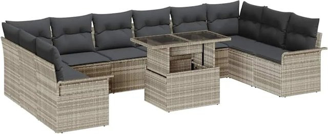 vidaXL Garten-Sofa-Set aus Polyrattan in Hellgrau, 11-teiliges Lounge-Set mit Kissen und Couchtisch in U-Form - Bild 1
