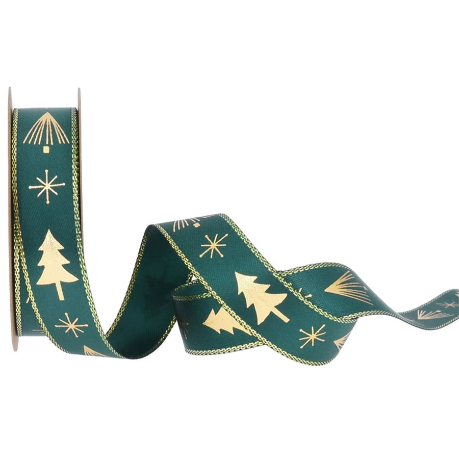 Grünes Weihnachts-Ripsband mit glitzerndem Weihnachtsbaummuster und glitzerndem Rand, 5 Yards Länge - Bild 2