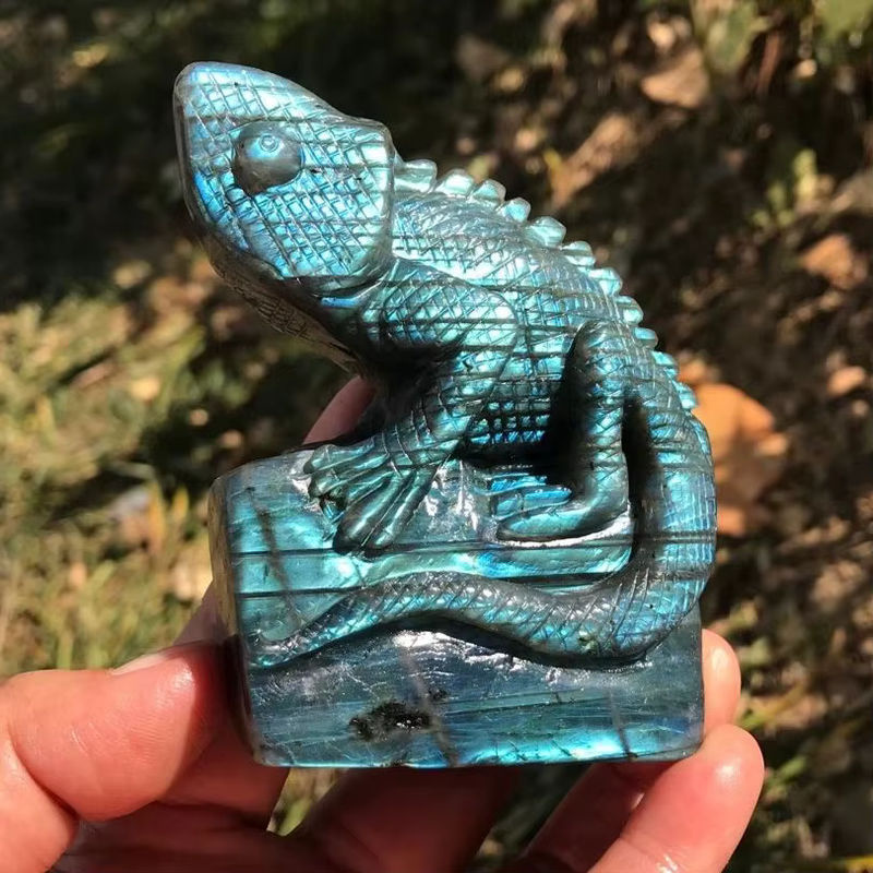 TAIHESJ Labradorit Eidechse als geschnitzte Statue in Grün und Blau, 9 cm Kristallfigur zur Dekoration und Heilung - Bild 3