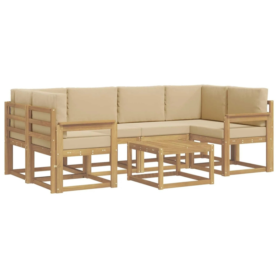 vidaXL Outdoor-Sofagarnitur aus Akazienholz in L-Form mit Kissen und Couchtisch, 7-teilig, Weiß und Beige - Bild 2