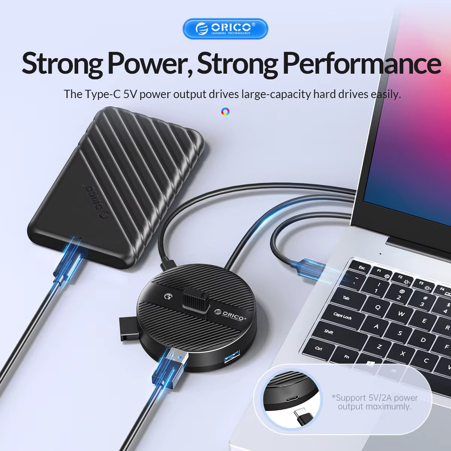 ORICO RGB USB 3.0 Hub mit USB-C Power Port Adapter, 5 Gbit/s Multi Splitter OTG Adapter für PC, Computer und MacBook Pro, Schwarz - Bild 5