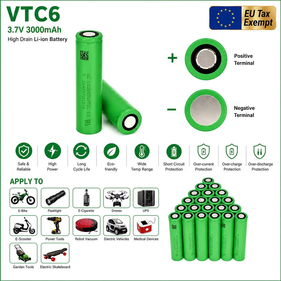 Original 18650 VTC6 Lithium-Ionen-Akku, 3,7 V, 3000 mAh, 30 A Entladestrom, Grün - Bild 3