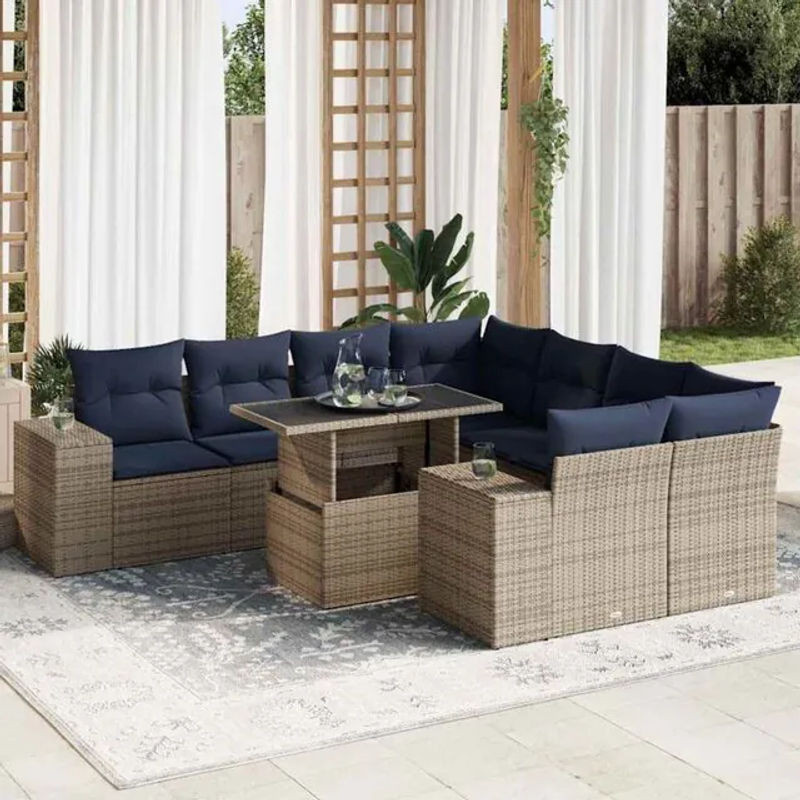 9-tlg. Garten-Sofagarnitur mit Kissen aus Polyrattan in Grau von vidaxl - Bild 1