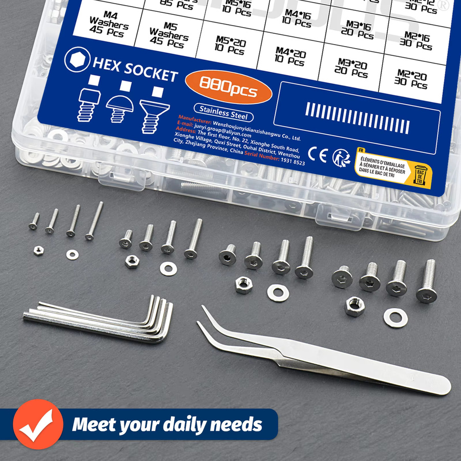 SANJODS Innensechskantschrauben-Set aus Edelstahl 304, 880-teiliges Sortiment mit Senkkopfschrauben in Silber, inklusive Aufbewahrungsbox - Bild 2