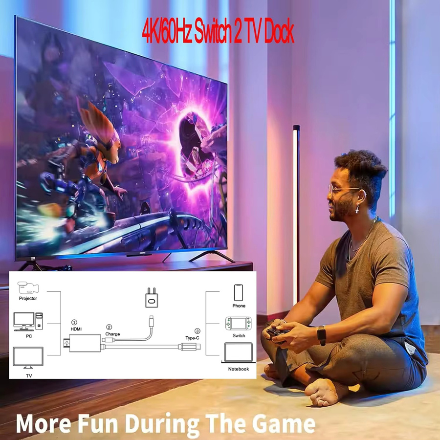 JazPlate USB-C-auf-HDMI-Adapterkabel in Schwarz mit 100 W PD-Ladeanschluss, kompatibel mit Nintendo Switch 2, unterstützt 4K/60Hz für TV und Projektion - Bild 5