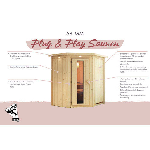 Karibu Sauna Tuckum für 3 Personen aus Fichtenholz in Beige und Braun, B/T/H: 202 x 184 x 165 cm - Bild 2