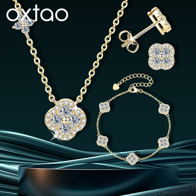 OXTAO Schmuck-Set, Halskette, Armband, Ohrringe, 14K Goldfilled, Moissanit, Damen - Bild 1
