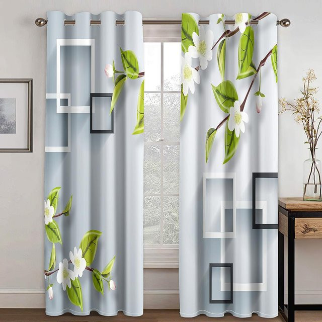 3D-Vorhang Set mit Bambusblumen und Landschaftsmotiv in Grün, 2 Paneele aus Polyester, Breite: 50 cm, Höhe: 130 cm - Bild 1