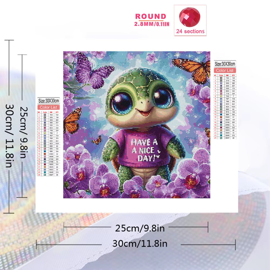 Momoart DIY Diamant-Stickerei Set mit Schildkröte, Blumen und Schmetterlingen als runde Wanddekoration in Multicolour - Bild 2