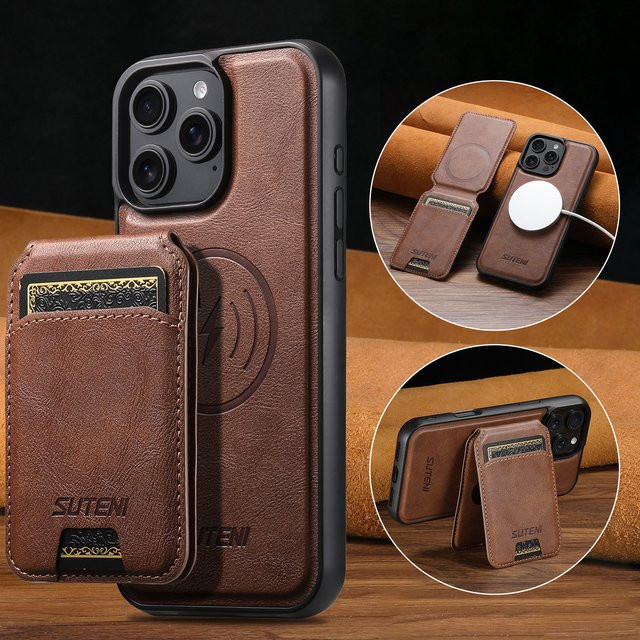 SUTENI Magnetische Handyhülle aus PU-Leder mit Kartenhalter und Ständer für iPhone 17 Pro Max, 16 Plus, 15 Pro, 13 und 12, kabelloses Laden, Schwarz und Braun - Bild 1