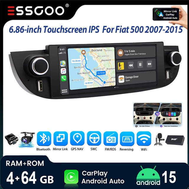ESSGOO Android 15 Autoradio für Fiat 500 Abarth 2007-2015 mit 6,86 Zoll Display, 4+64G, Bluetooth, Wireless CarPlay, GPS, WiFi und Dual USB in Schwarz - Bild 1