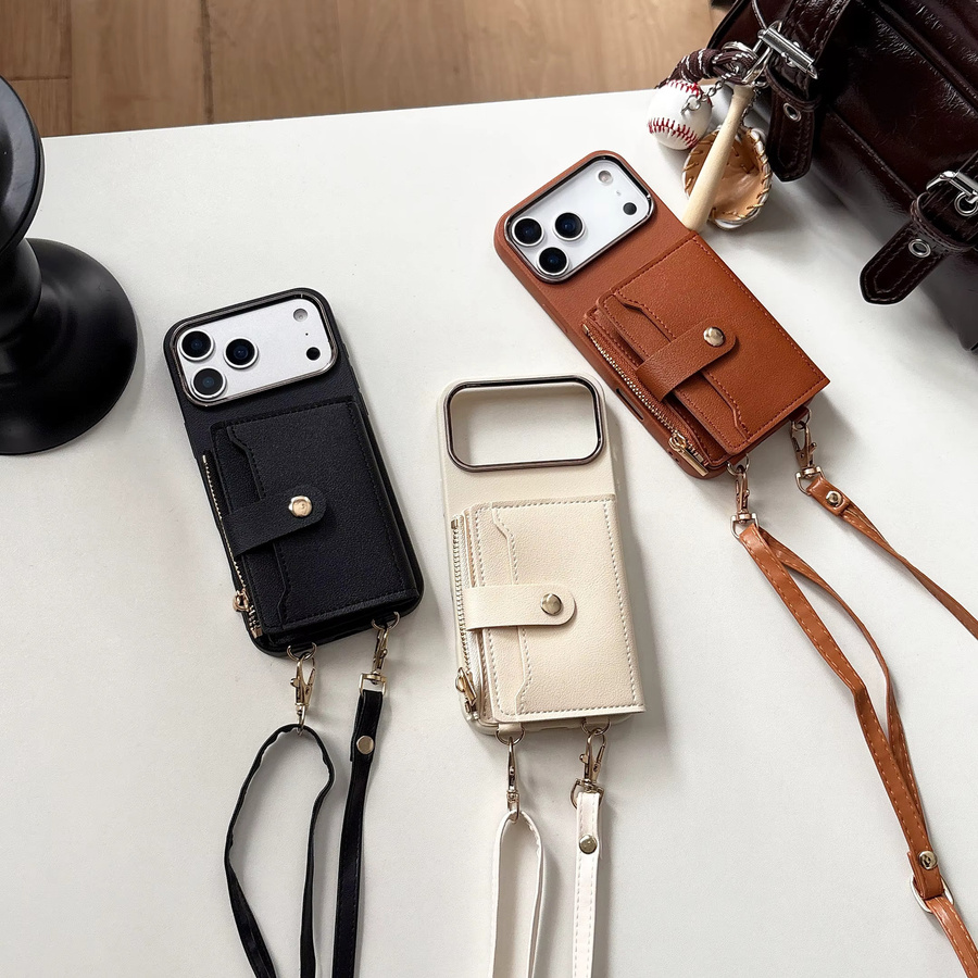 Crossbody Lanyard Wallet Strap Handyhülle für Apple iPhone Air 16 15 17 Pro Max 11 12 13 14 Plus mit Kartenfächern aus PU-Leder und Silikon in Schwarz - Bild 1