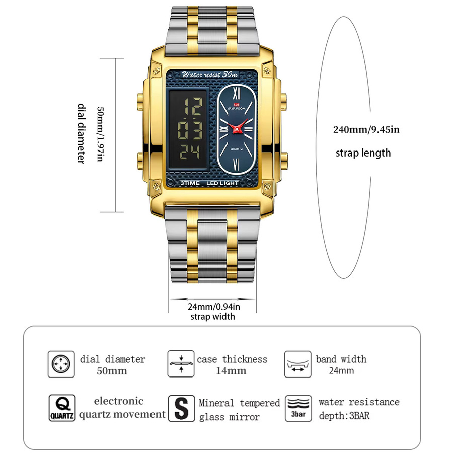 VA VA VOOM Digitaluhr, Quarz, Edelstahl, Gold, Herren - Bild 3