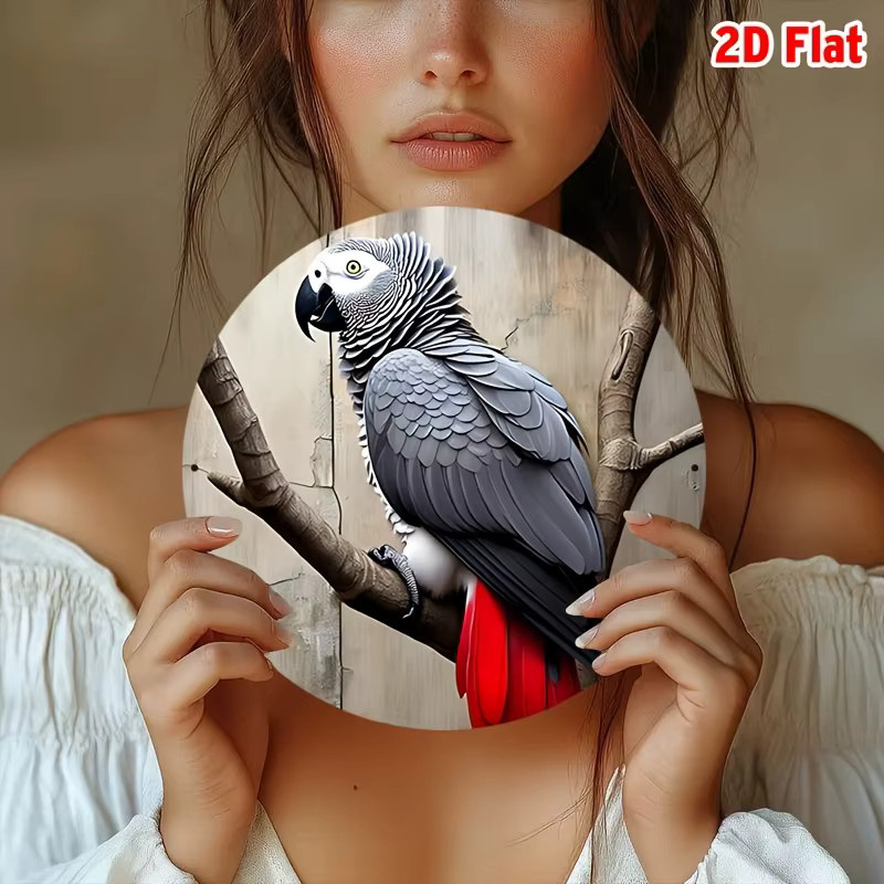 Potdemiel Aluminium-Wandkunst Majestic African Grey Parrot mit grünen Blättern, runde Metall-Wanddekoration, Durchmesser: 20,32 cm - Bild 3