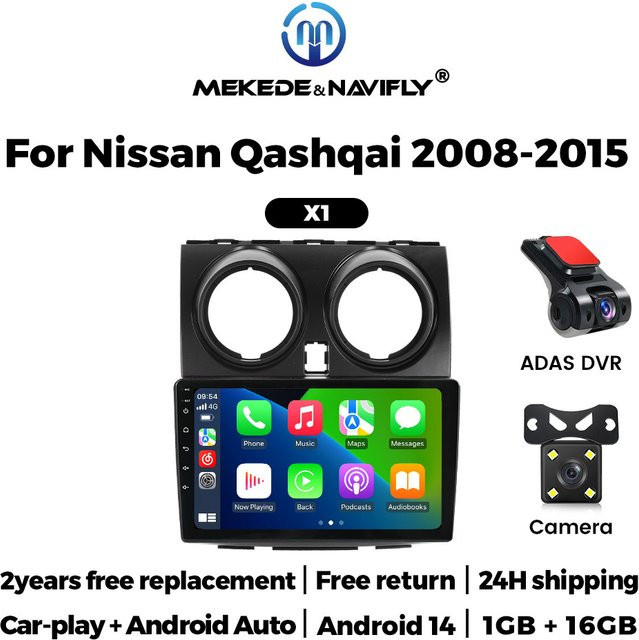 NaviTree Android 14 Auto Radio für Nissan Qashqai J10 (2006-2013) mit 9 Zoll Display, CarPlay, Bluetooth, WiFi, GPS und DVR CAM in Schwarz - Bild 1