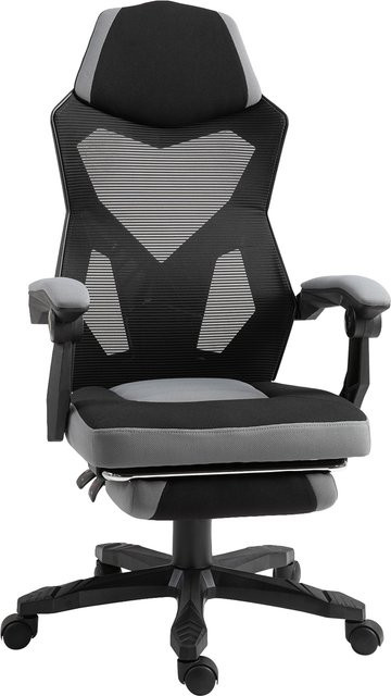 Vinsetto Gaming-Stuhl und Fußhocker Aosom, höhenverstellbarer Bürostuhl mit Netzstoff, 360 Grad drehbar, grau schwarz, B: 58 cm, T: 63 cm, H: 112-122 cm - Bild 1