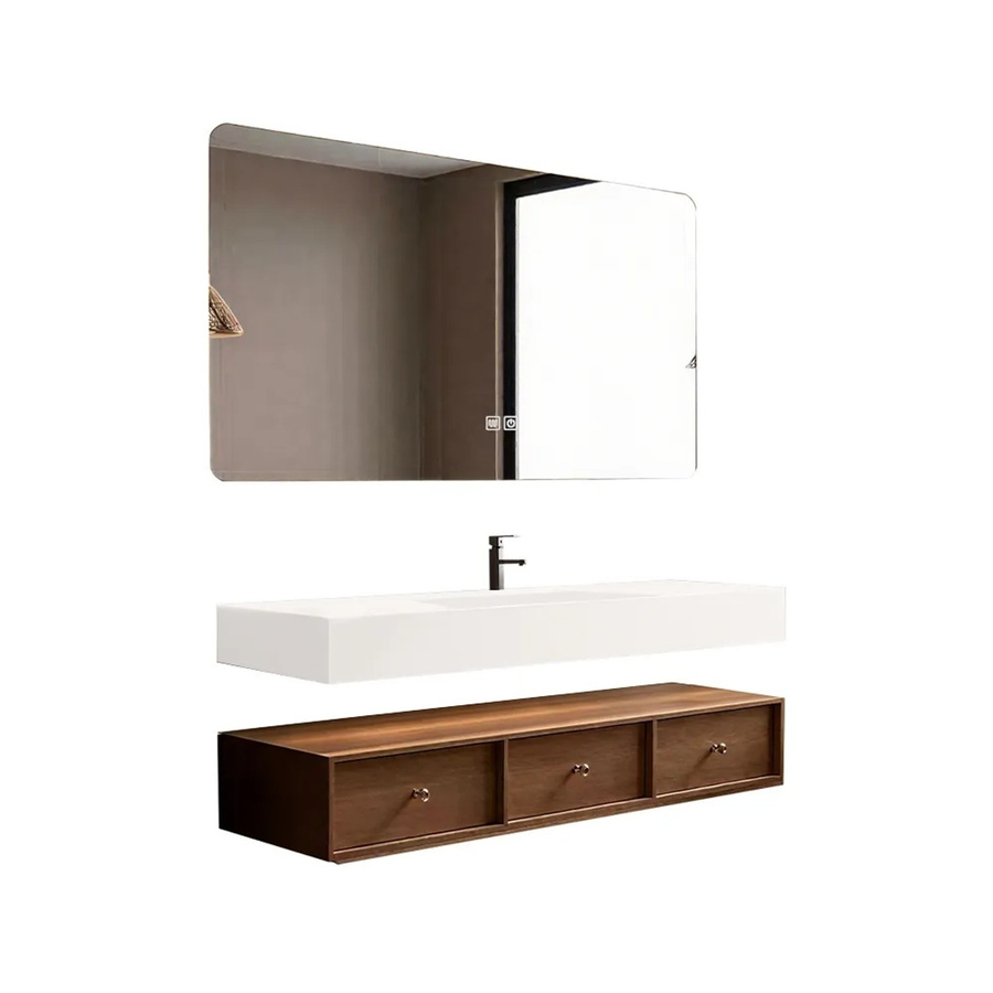 360Home Badezimmer Set mit Sinterstein Waschbecken, braunem Schrank und LED Antibeschlagspiegel, B: 140 cm, T: 55 cm, H: 25 cm - Bild 2