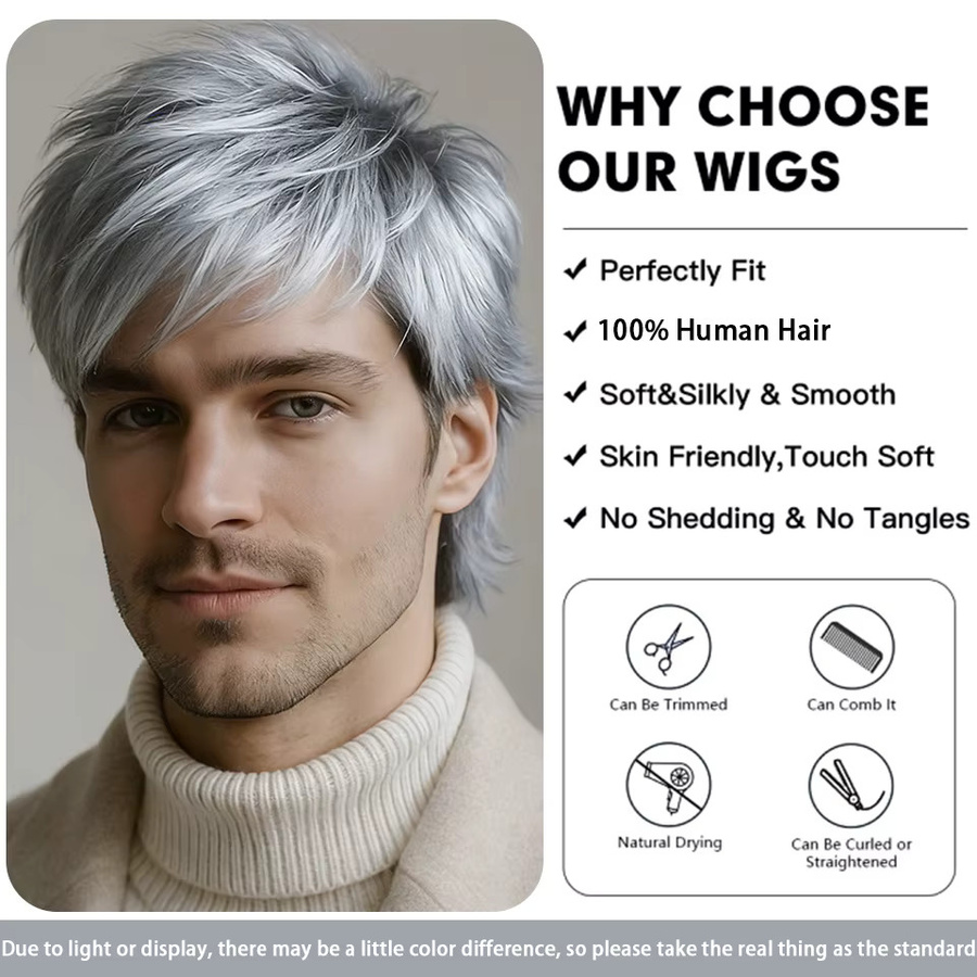 OYM HAIR Herren-Kurzhaarperücke, silbergrau, Pixie-Schnitt, Echthaar - Bild 2