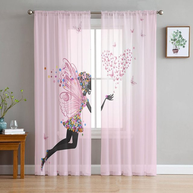 Transparente Tüll-Vorhänge mit Blumen- und Schmetterlingsmuster in Rosa, Organza-Fensterdekoration für Wohnzimmer und Küche, Breite: 135 cm, Höhe: 245 cm - Bild 1