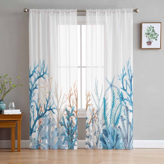 Super Six Fenstervorhänge aus Chiffon und Viskose in Marine Koralle Blau mit Farbverlauf, Breite: 135 cm, Höhe: 274 cm - Bild 1