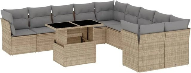 vidaXL 11-tlg Garten-Sofagarnitur aus Polyrattan in Beige mit Kissen und Gartentisch - Bild 1