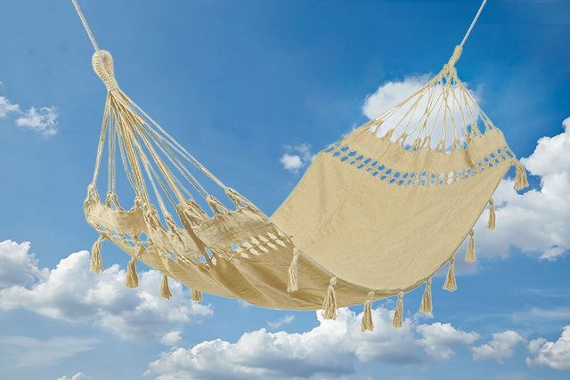 Hängematte Ibiza Tuchhängematte aus Baumwolle mit Fransen in Creme-Weiß - Bild 1