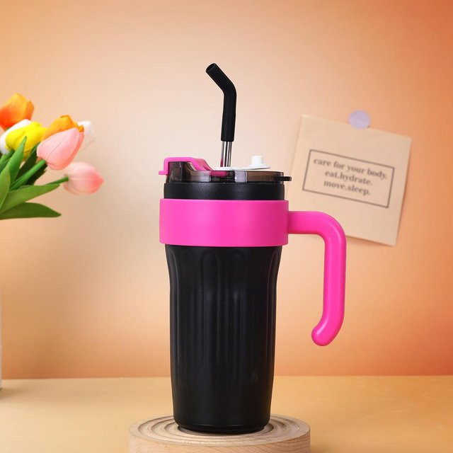 Yiran Furniture Edelstahl Thermobecher mit Farbverlauf und Strohhalm, Tragbarer Becher mit Henkel und Tragegurt, 860 ml - Bild 1
