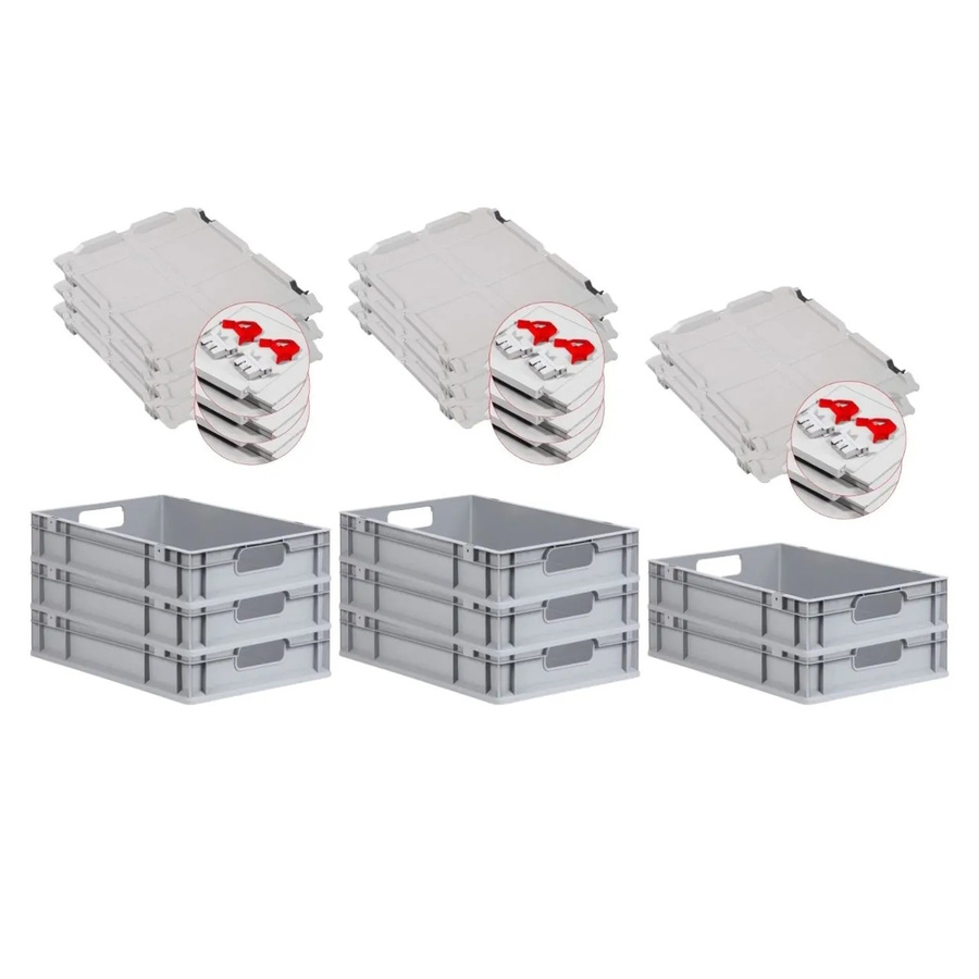 PROREGAL Spar Set 8x Eurobox Nextgen Economy mit Scharnierdeckel und roten Schiebeschnappverschlüssen, Farbe: Rot/Grau, H x B x T: 12 x 40 x 60 cm, 23 Liter - Bild 2