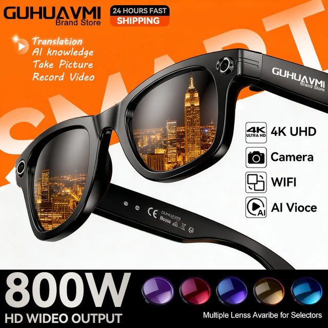 GUHUAVMI AI Smart Brille mit HD Kamera, Videoaufnahme, Sprachübersetzung und Bluetooth für Anrufe und Musik in Schwarz oder Blau - Bild 1