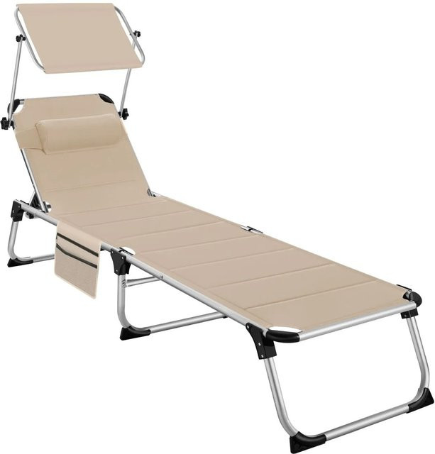 tectake Aluminium Sonnenliege Lorella gepolstert mit Sonnenverdeck und verstellbarem Kopfpolster beige B/T/H: 200 x 60,5 x 115 cm - Bild 1