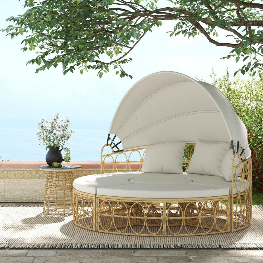 HOMCOM Muschel Gartenmöbel-Set mit Zweisitzer, klappbarem Verdeck und Couchtisch in Creme und Beige - Bild 2