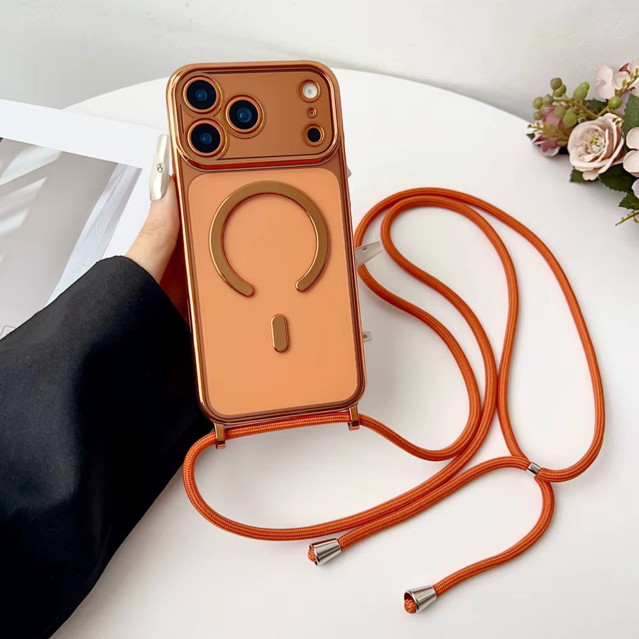 Xeber Magnetische Handyhülle mit Lanyard und Halskettenschnur für iPhone Pro Max, Transparent/Orange, MagSafe kompatibel - Bild 3