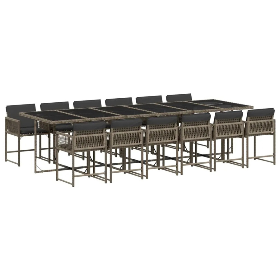 vidaXL 13-tlg Garten-Essgruppe aus Poly-Rattan mit Kissen und Hartglas in Grau - Bild 2