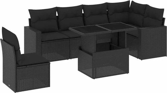 vidaXL 7-teilige Garten-Sofagarnitur in L-Form aus schwarzem Poly-Rattan mit Kissen und pulverbeschichtetem Stahlrahmen - Bild 1