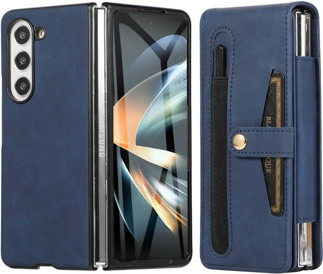 Samsung Galaxy Z Fold 5 Leder-Handyhülle mit Brieftaschenfunktion, Kartensteckplatz und S Pen Halterung in Blau - Bild 1