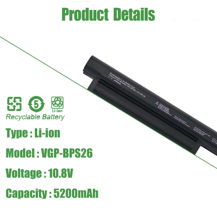 Sony VGP-BPS26 Akku mit 5200mAh in Schwarz für Vaio VPC-CA CB EG EH EJ EL PCG-61712T PCG-71811M PCG-61911W SVE14A VGP-BPL26 VGP-BPS26A - Bild 2