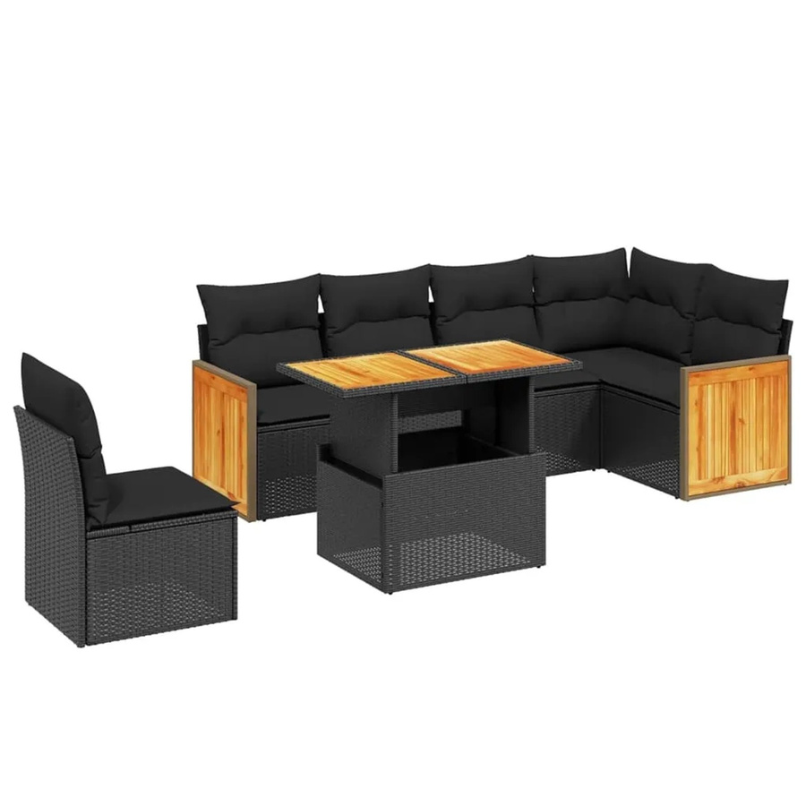 vidaXL 7-teilige Garten-Sofagarnitur in L-Form aus schwarzem Poly-Rattan mit Kissen und Akazienholz - Bild 2