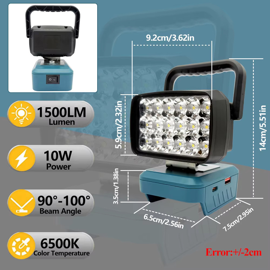 Dawupine USB Power Bank Arbeitslampe als LED-Flutlicht für Makita, Milwaukee, Dewalt und Bosch M18 Akkus, Schwarz - Bild 6